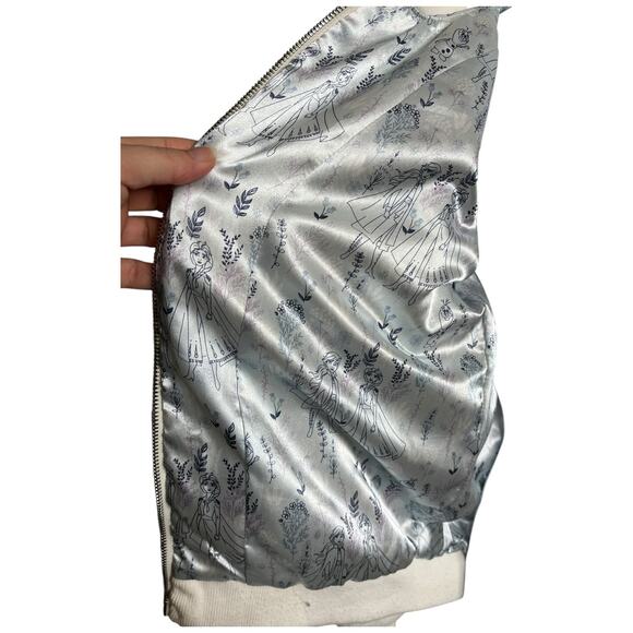 Disney Frozen II White Faux Fur Bomber Jacket Full Zip satin lined girl XL 14/16 - Picture 2 of 4